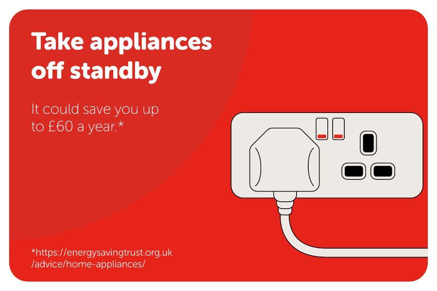 Graphic of a plug with the headline 'Take appliances off standby'. One of many tips to save energy.
