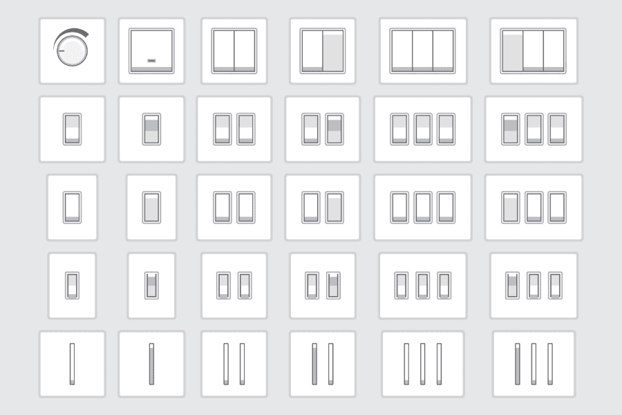 An illustration of 30 different types of light switches to show the variety of light switches available. It includes a single pole switch, a double pole switch, flip/toggle switch, a dial switch, and many more.