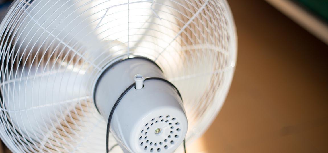 A fan just after being readjusted to help keep the room as cool as possible.