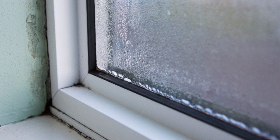 A white PVC window and windowsill showing signs of condensation damp.