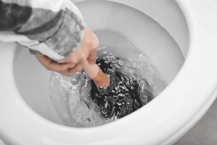 Image of a toilet being unblocked using a plunger.